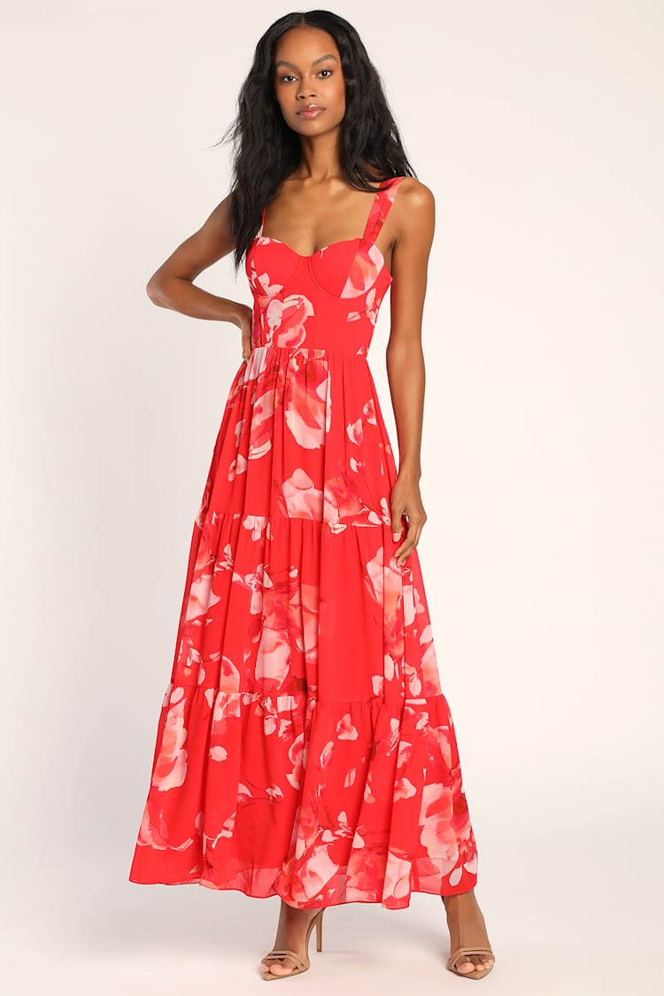open lace back dress Red Floral Print Spaghetti Strap Empire Waist Maxi Dress Red / M main image 0