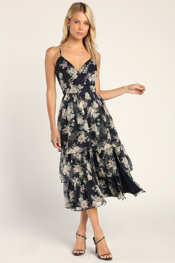 Navy Floral Midi Dress - Ruffled Dress - Backless Chiffon Dress - Lulus