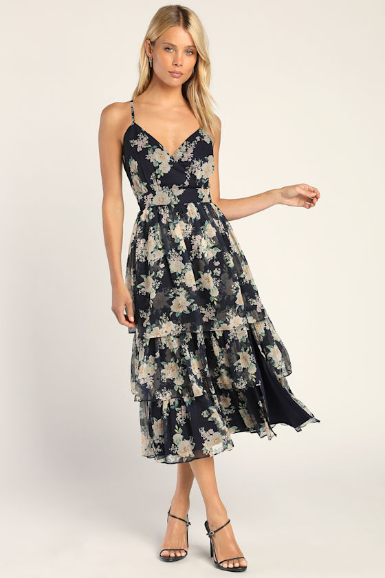 Navy Ruffled Midi Dress