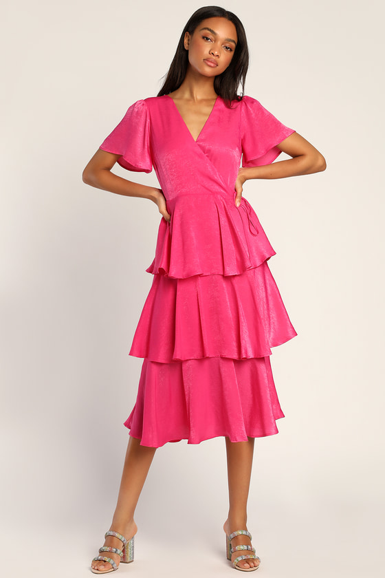 Always Forever Hot Pink Flutter Sleeve Tiered Satin Midi Dress