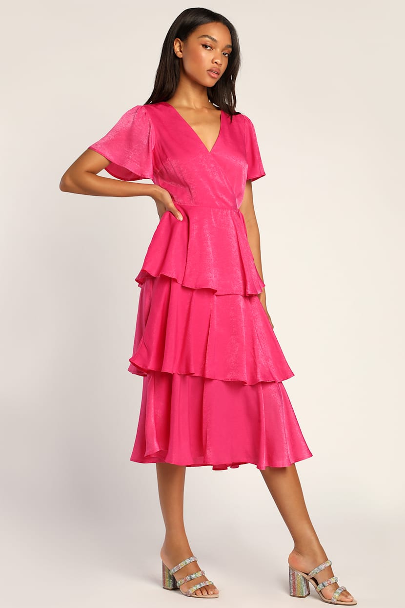 hot pink flutter sleeve dress Tiered - Midi Dress - Surplice Dress Long Cheap Prom Dresses