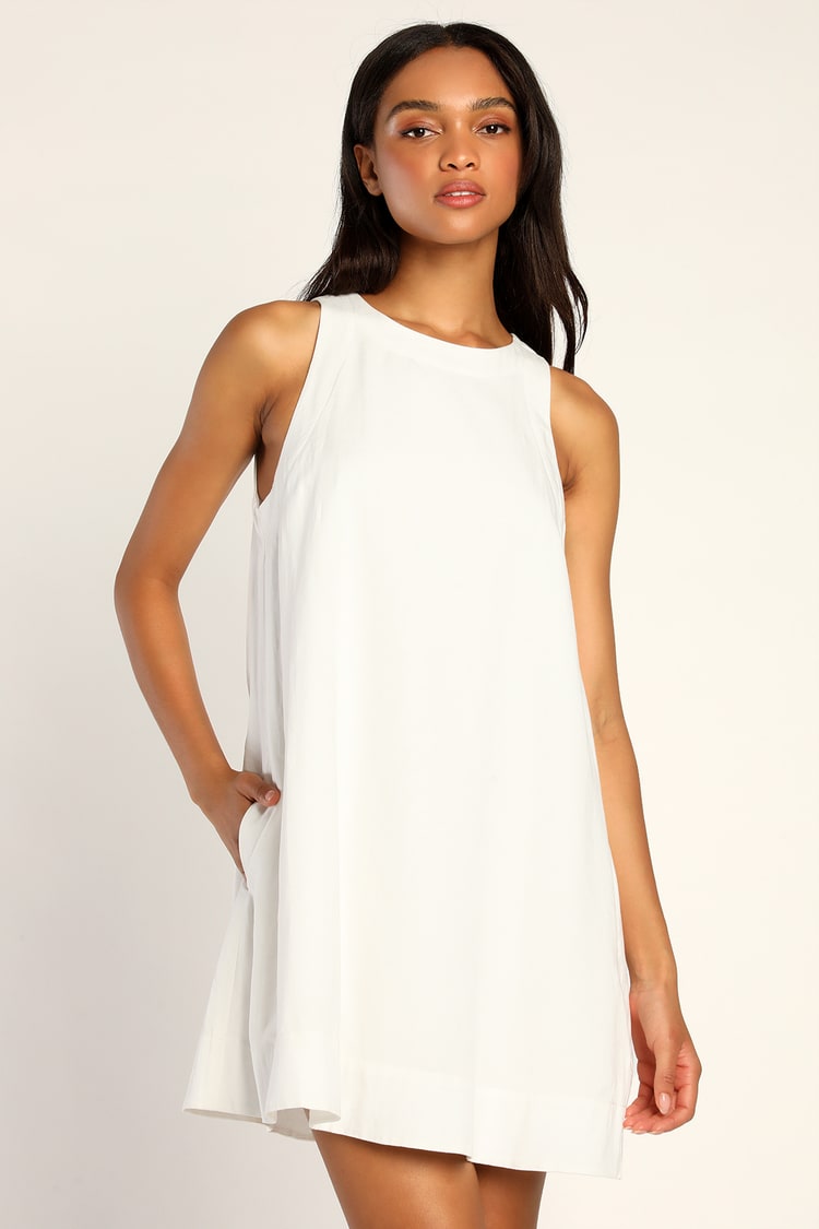 Shift to Chic White Linen Shift Dress with Pockets