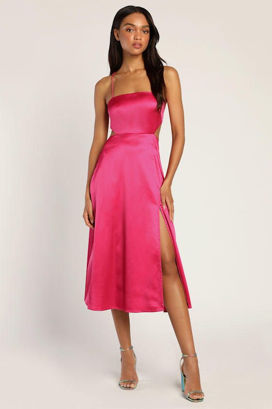 Striking Sight Magenta Satin Cutout Lace-Up Midi Dress 2