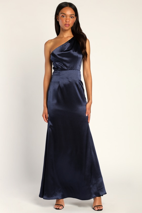 Navy Blue Maxi Dress - Satin Maxi Gown - One-Shoulder Dress - Lulus