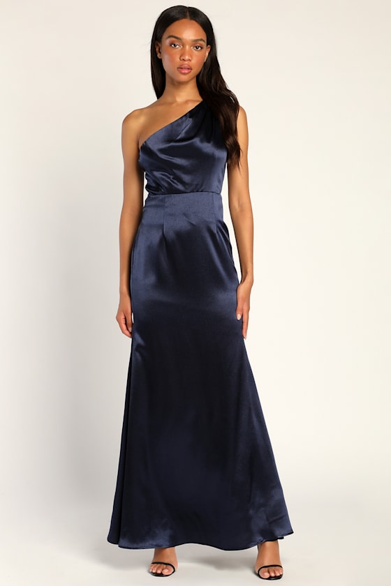 On the Guest List Navy Blue Satin One-Shoulder Maxi Dress 2