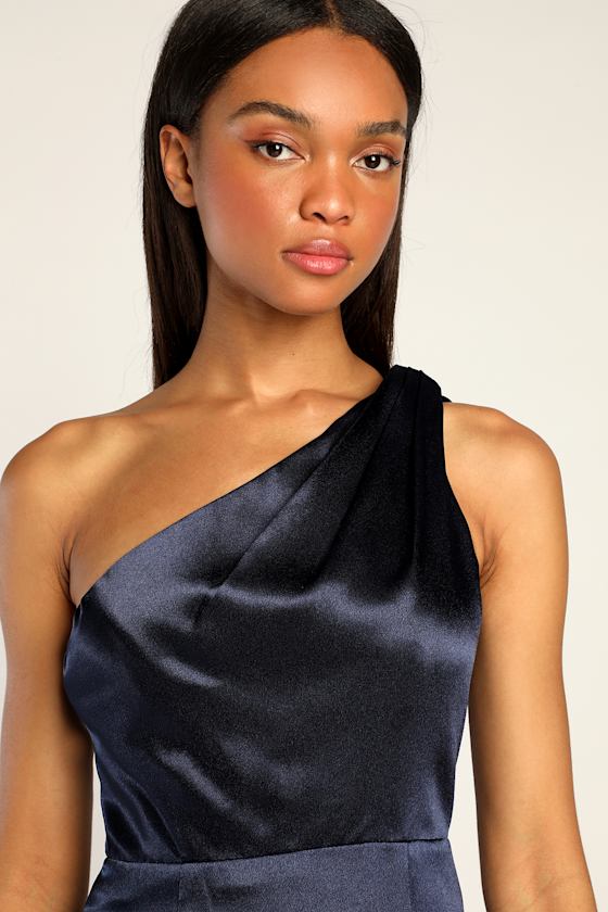On the Guest List Navy Blue Satin One-Shoulder Maxi Dress 3