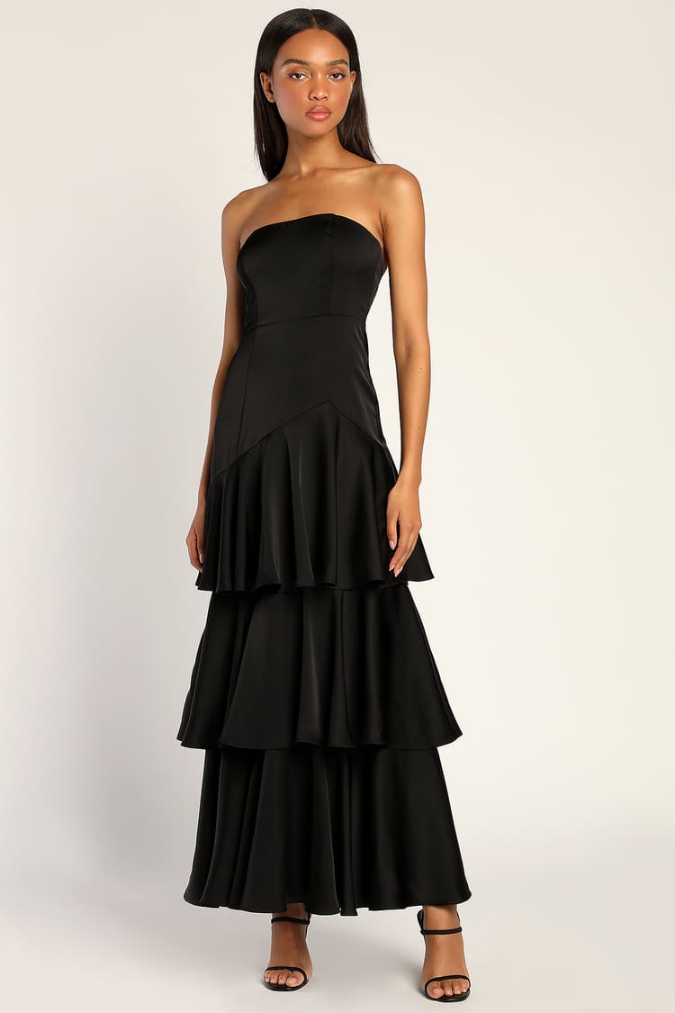 Black Satin Maxi Skirt - Tiered Maxi Dress - Strapless Gown - Lulus
