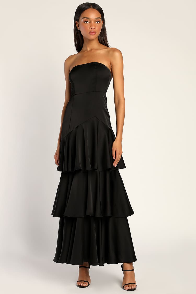 Blissfully Beautiful Black Satin Strapless Tiered Maxi Dress