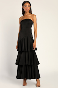Blissfully Beautiful Black Satin Strapless Tiered Maxi Dress 1