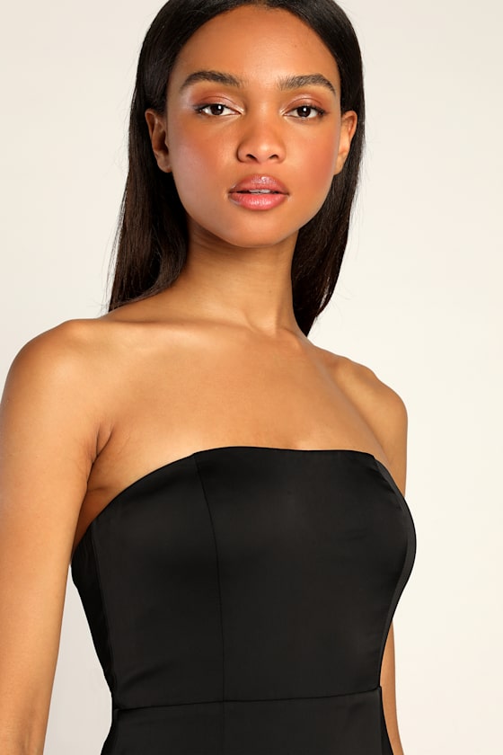 Blissfully Beautiful Black Satin Strapless Tiered Maxi Dress 2