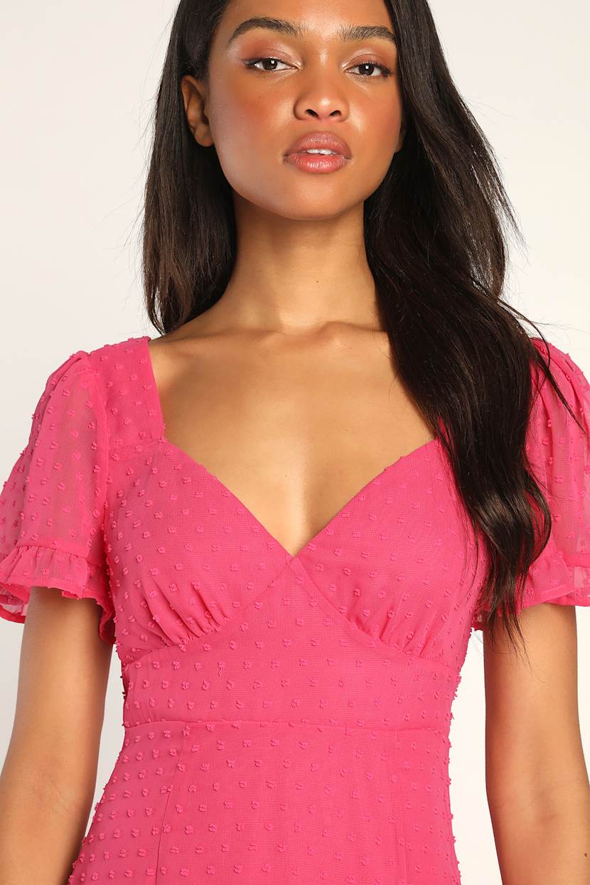 Hot Pink Swiss Dot Dress - A-Line Mini Dress - Short Sleeve Dress - Lulus