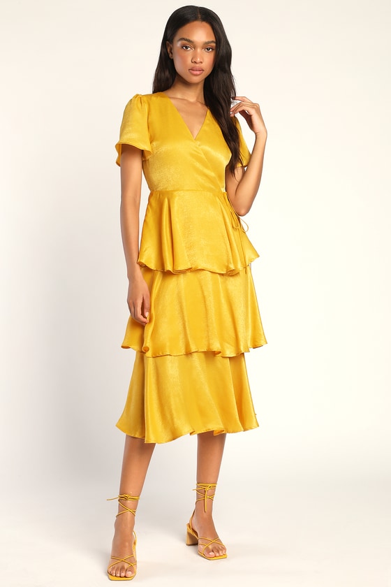 Lulus Always Forever Mustard Flutter Sleeve Tiered Satin Midi Dress In Yellow