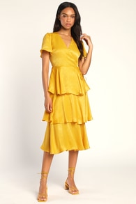 Always Forever Mustard Flutter Sleeve Tiered Satin Midi Dress
