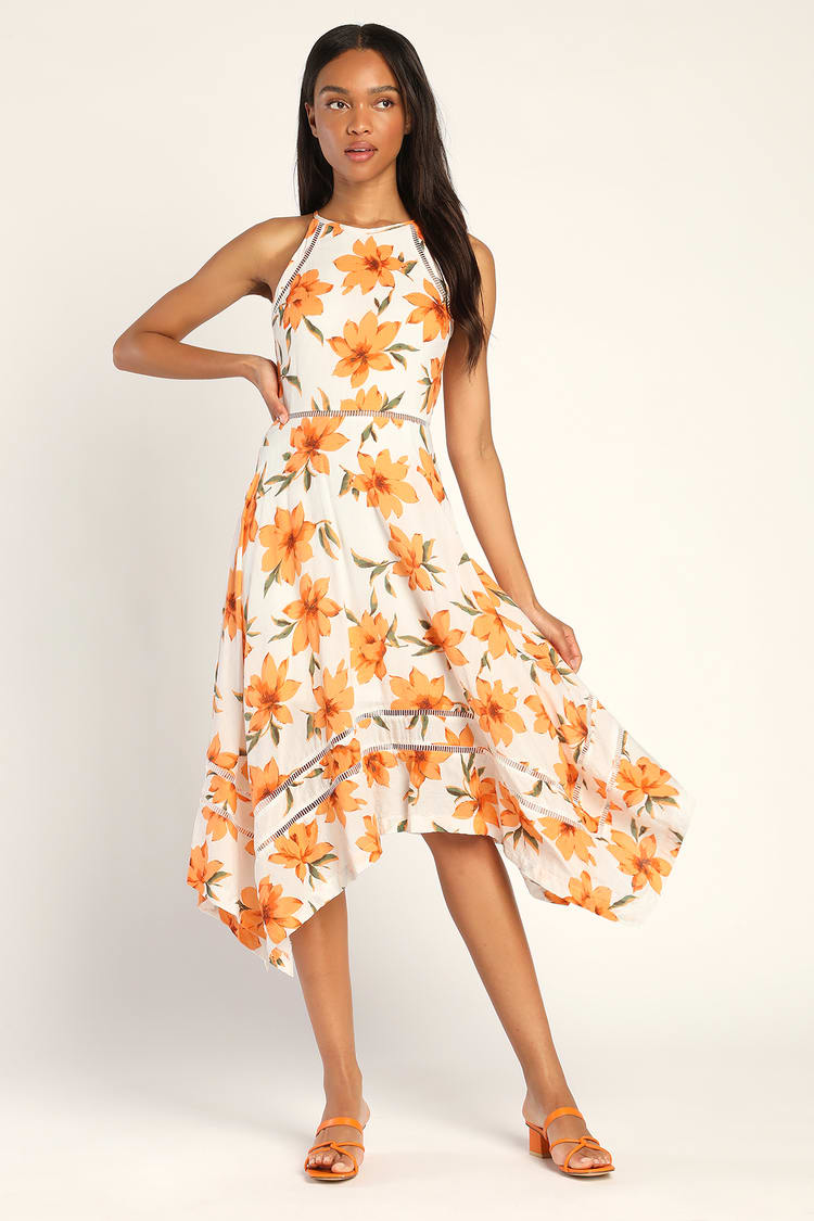 White and Orange Dress - Floral Print Dress - Midi Dress - Lulus