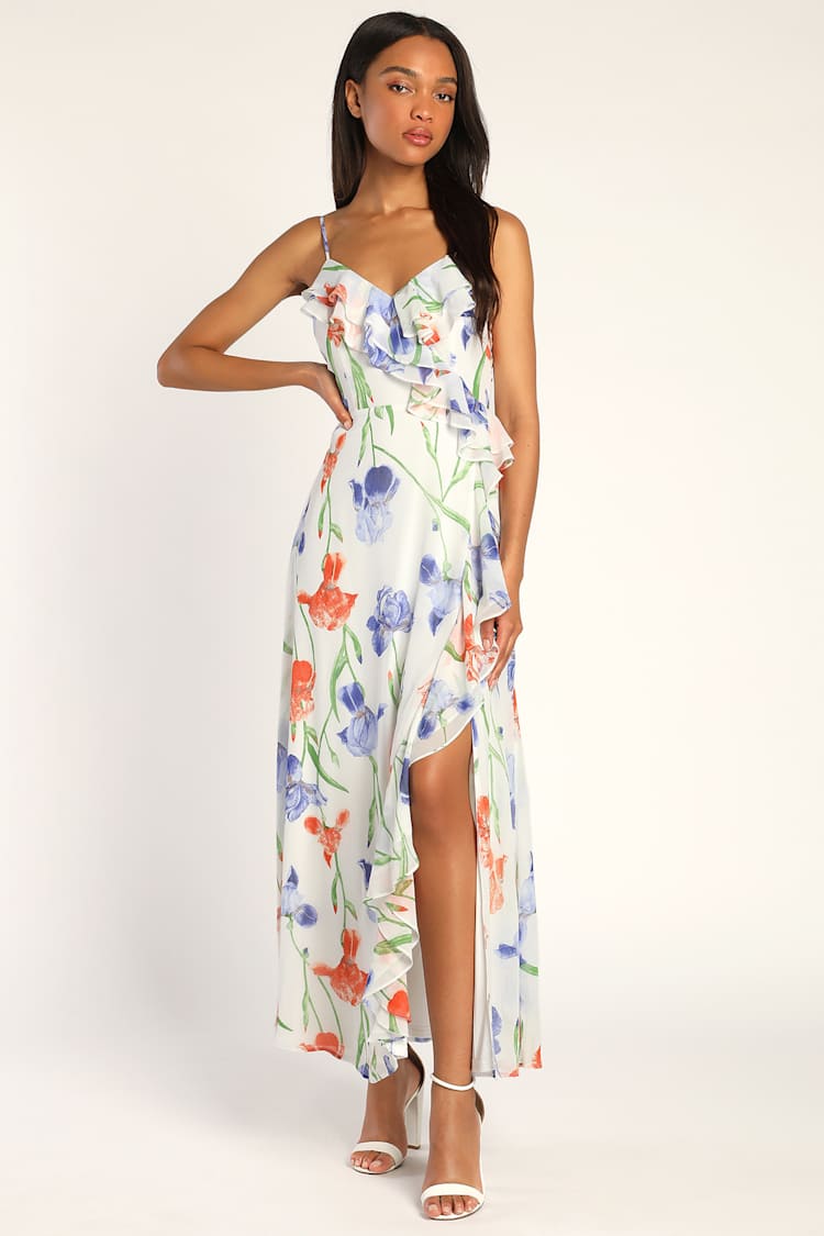 White Floral Maxi Dress - Ruffled Maxi Dress - Sleeveless Dress - Lulus