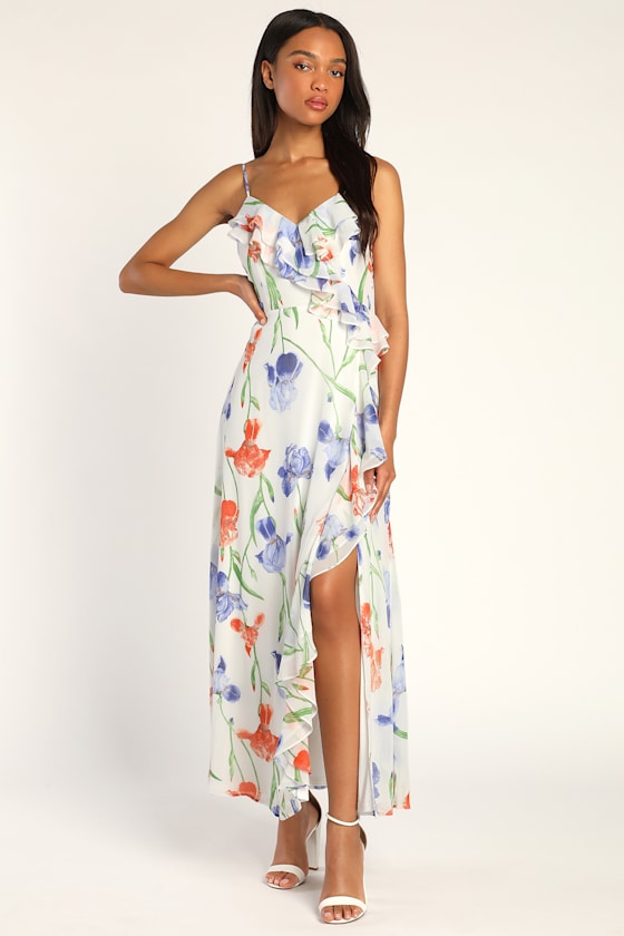 Elegant Bliss White Floral Print Ruffled Sleeveless Maxi Dress 5