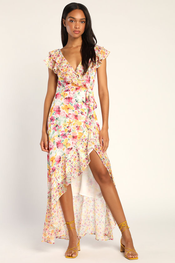 White Floral Print Maxi Dress - High-Low Dress - Surplice Dress - Lulus