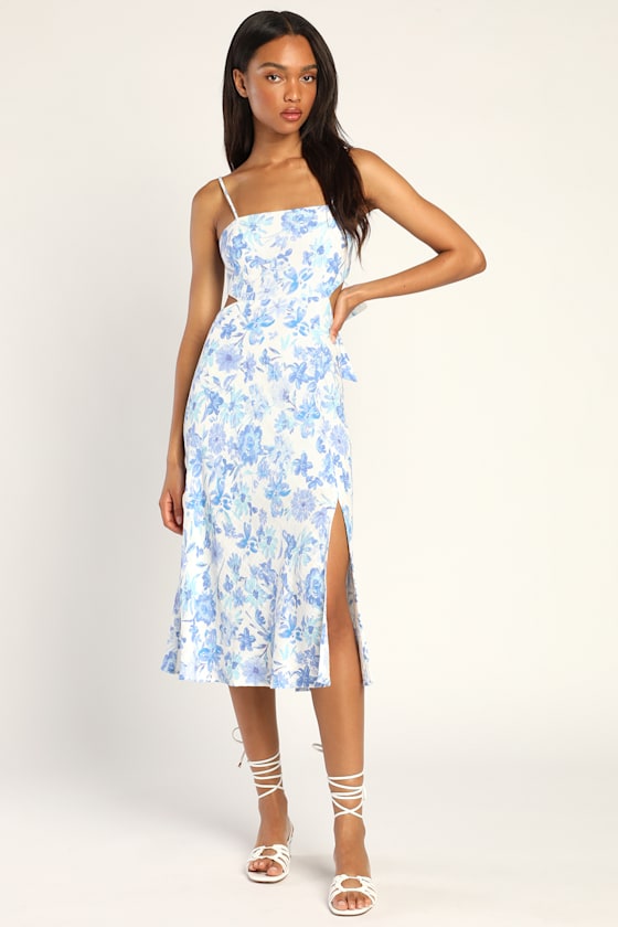Serene Views White and Blue Floral Print Side Cut Out Midi Dress 1