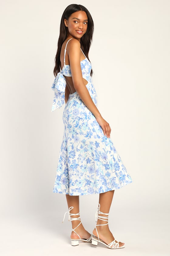 Serene Views White and Blue Floral Print Side Cut Out Midi Dress 3