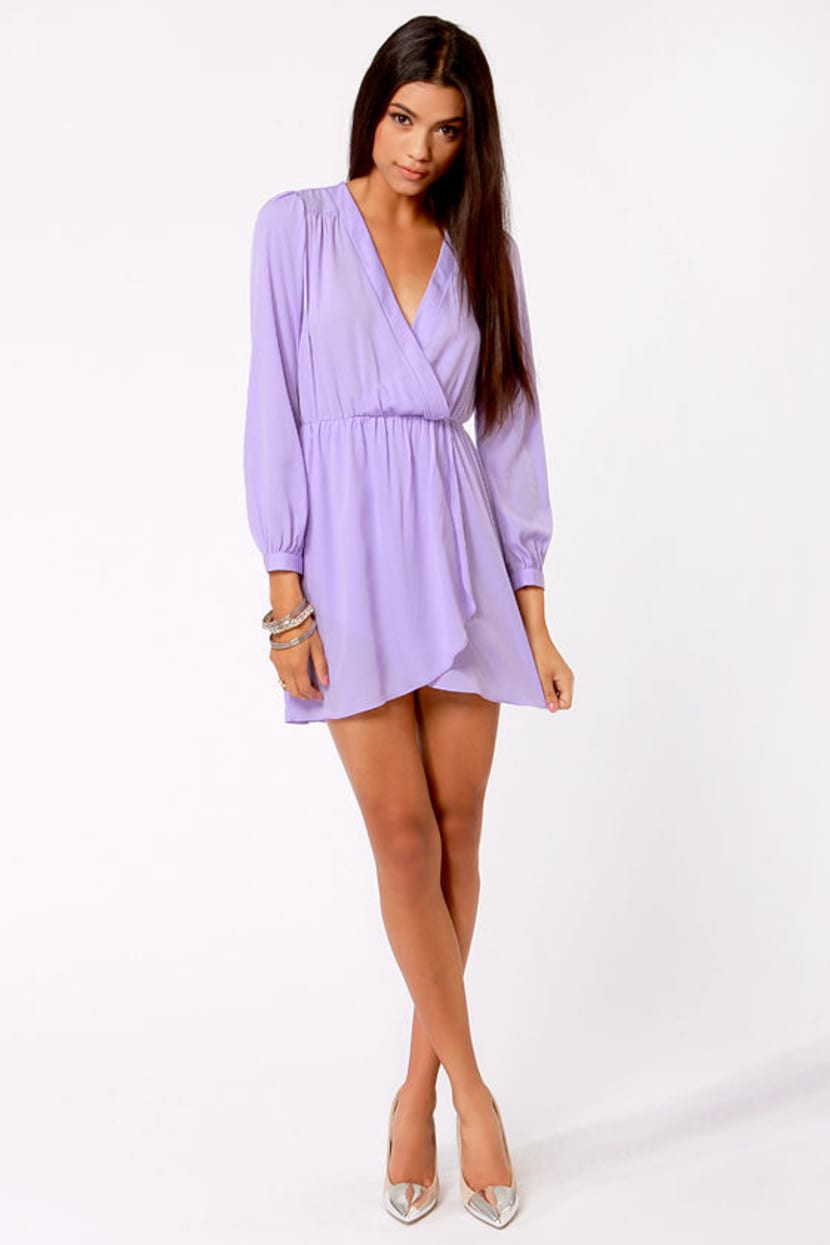 Cute Lavender Dress Wrap Dress Long Sleeve Dress 49 00