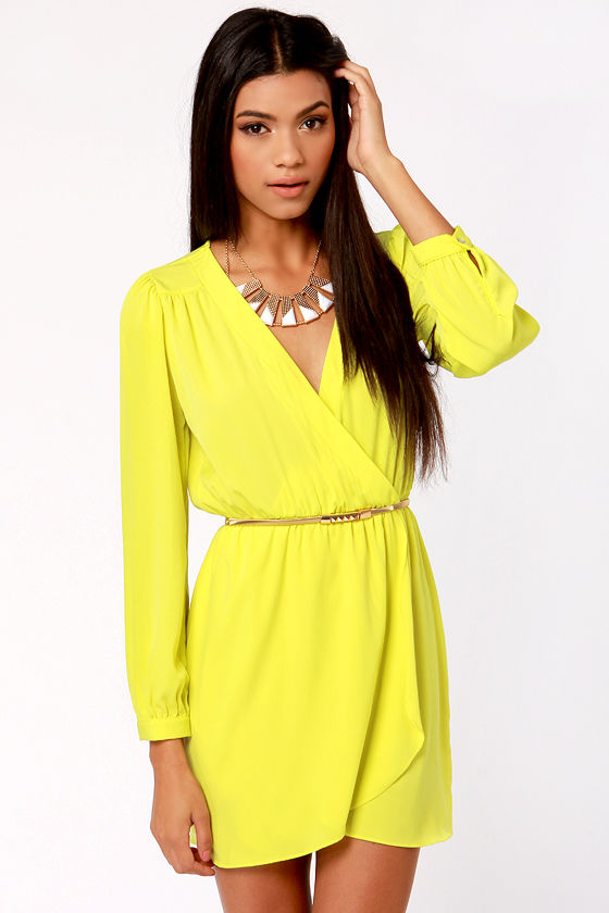 Cute Neon Yellow Dress Wrap Dress Long Sleeve Dress 49.00 Lulus