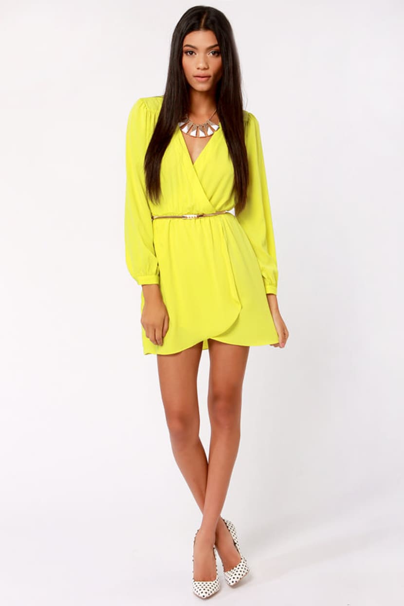 neon yellow wrap dress Cute Neon Yellow Dress - Wrap Dress - Long Sleeve Dress - $49.00