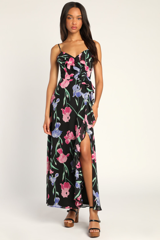 Black Floral Maxi Dress - Ruffled Maxi Dress - Sleeveless Dress - Lulus