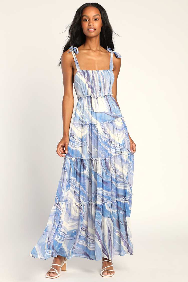 Blue Marbled Maxi Dress - Tie-Strap Dress - Tiered Maxi Dress - Lulus