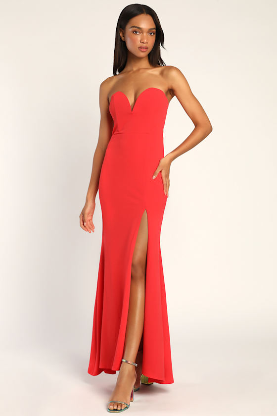 Classic Stunner Coral Red Strapless Mermaid Maxi Dress 2