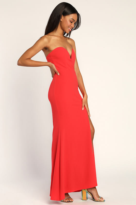 Classic Stunner Coral Red Strapless Mermaid Maxi Dress 4