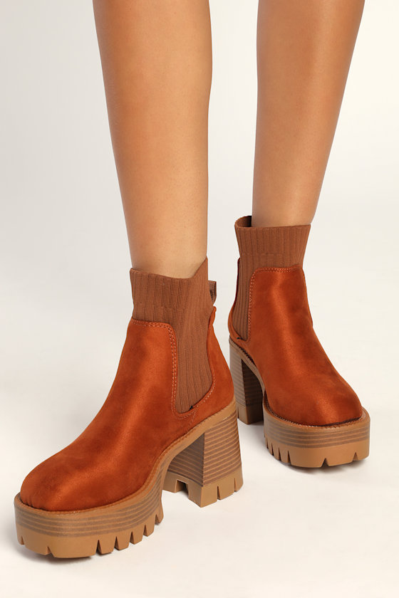 Elanore Chestnut Suede Slip-On Platform Chelsea Boots 1