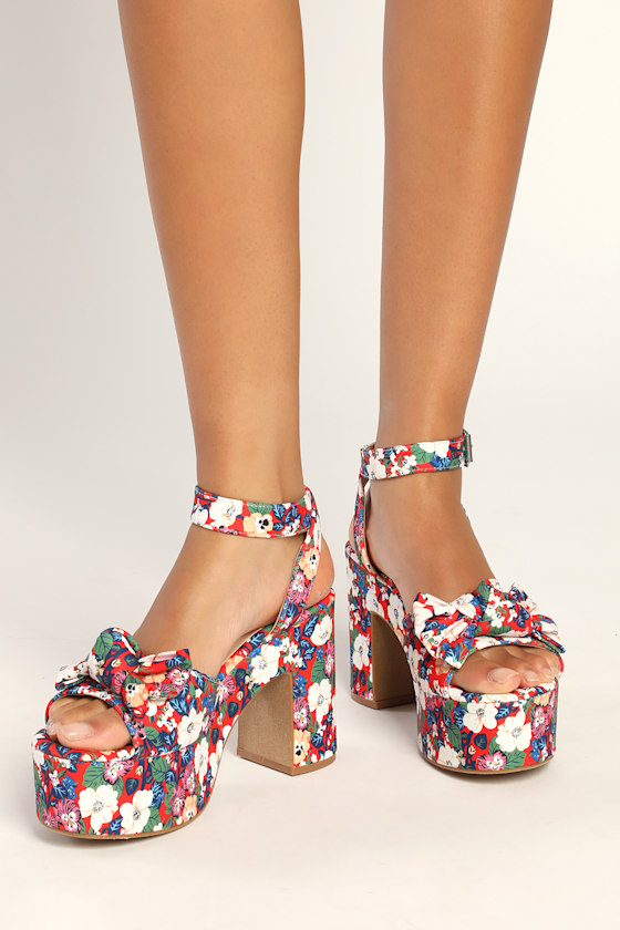 Bethy Red Floral Print Knotted Platform High Heel Sandals 1