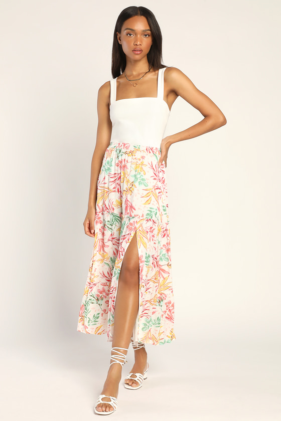 Ivory Floral Midi Skirt - Tiered Ruffled Skirt - Slit Midi Skirt - Lulus