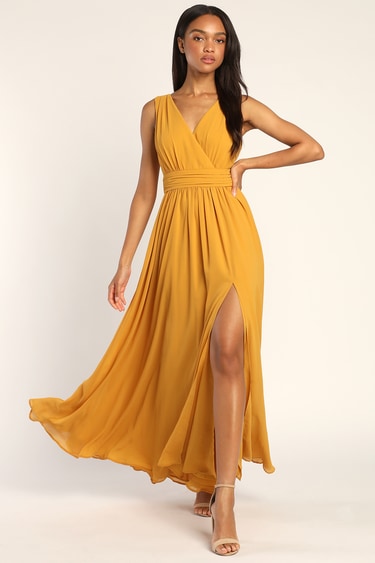 Thoughts of Hue Marigold Yellow Surplice Maxi Dress