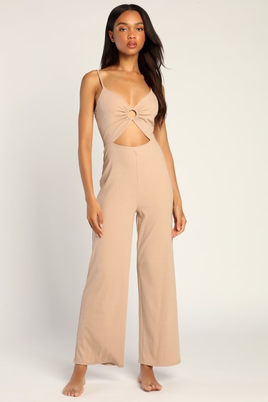 Just Having Fun Beige Ribbed Cutout O-Ring Wide-Leg Jumpsuit