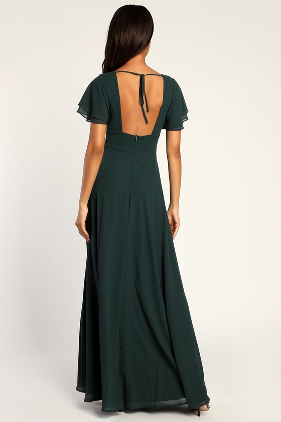 Flutter Sleeve Dress - Emerald Bridesmaid Dress - V-Neck Maxi - Lulus