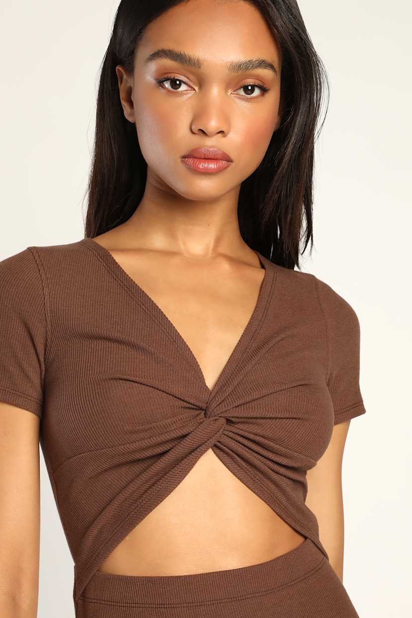 Brown Midi Dress - Twist Front Dress - Short Sleeve Midi Dress - Lulus Brown Midi Dress - Twist Front Dress - Short Sleeve Midi Dress - Lulus