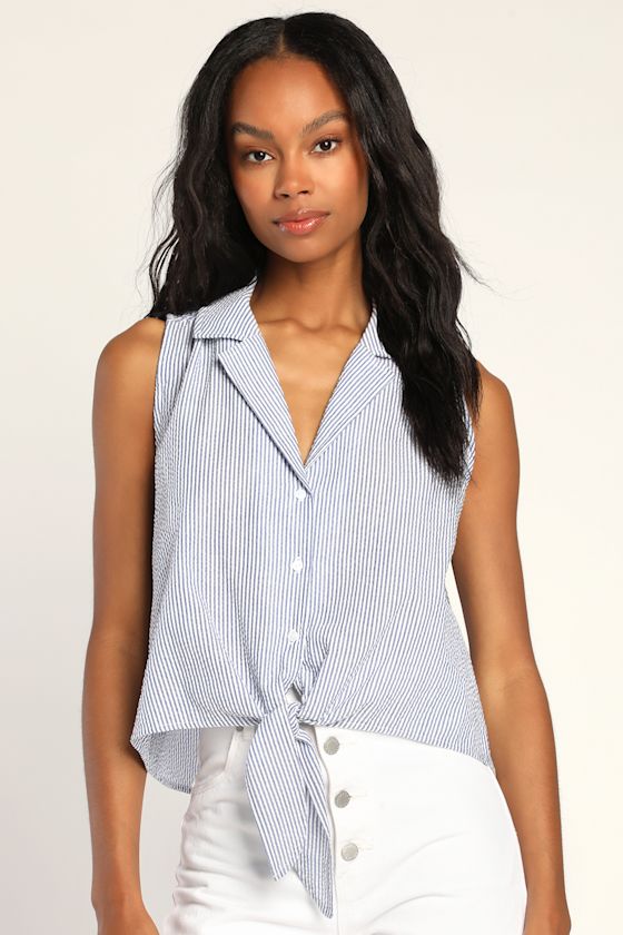 Deckside Darling Blue Seersucker Button-Up Tie-Front Top 2