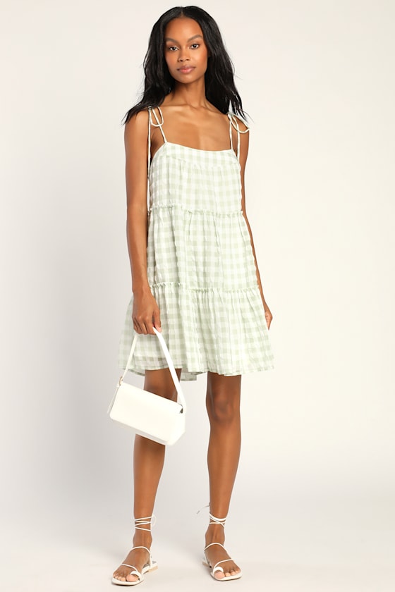 Just Checked In Light Green Gingham Tie-Strap Shift Mini Dress 3