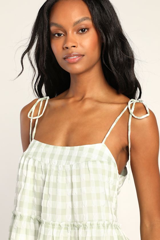 Just Checked In Light Green Gingham Tie-Strap Shift Mini Dress 4