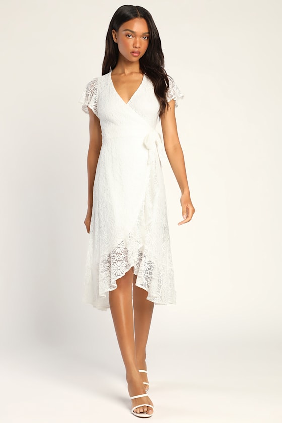 Daily Angel White Lace Flutter Sleeve Midi Wrap Dress 1
