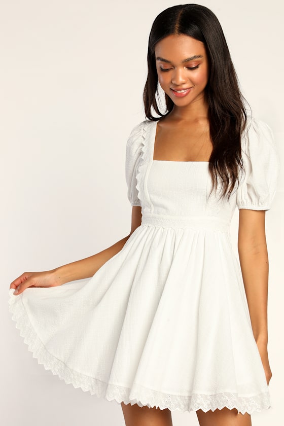 Strolling Seville White Textured Backless Puff Sleeve Mini Dress 2