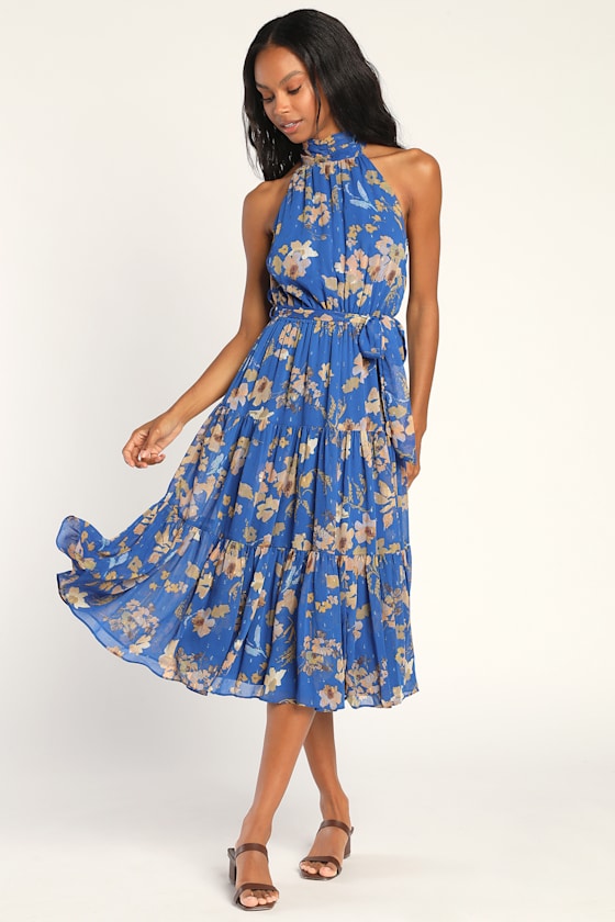 Stunning and Chic Blue Floral Print Tiered Halter Midi Dress 4