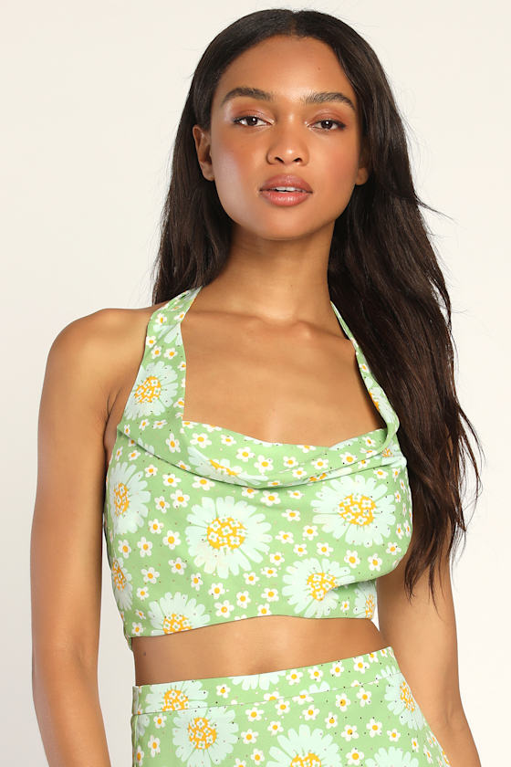 Retro Romantic Green Floral Print Halter Top 5