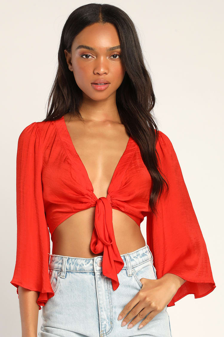 Flirt With Me Red Tie-Front Bell Sleeve Crop Top