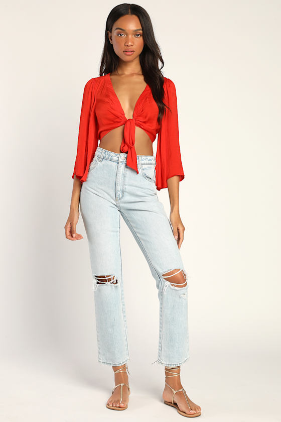 Flirt With Me Red Tie-Front Bell Sleeve Crop Top 2