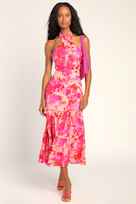 Always Eye-Catching Hot Pink Floral Tiered Halter Midi Dress 2