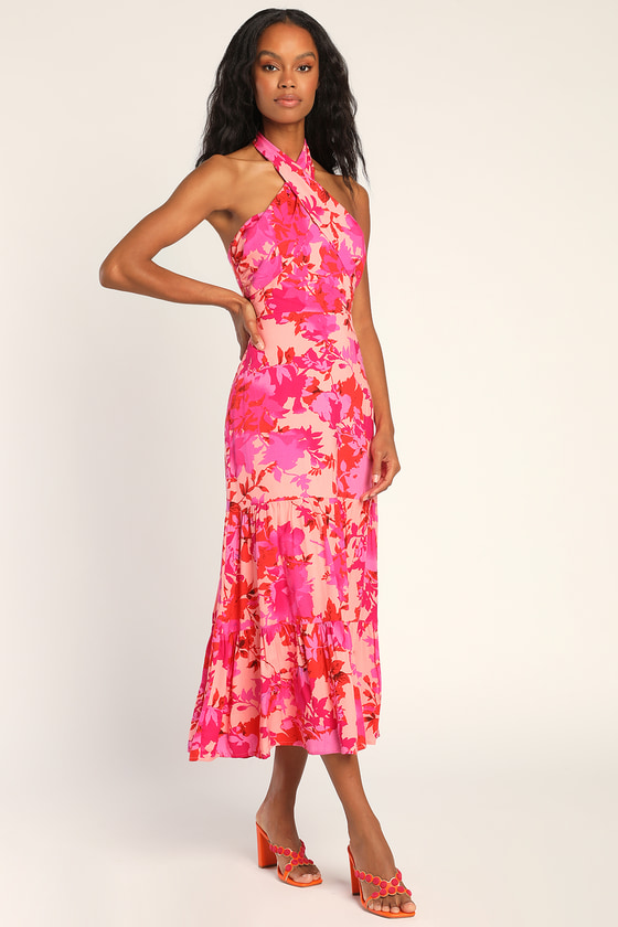 LULUS ALWAYS EYE-CATCHING HOT PINK FLORAL TIERED HALTER MIDI DRESS 