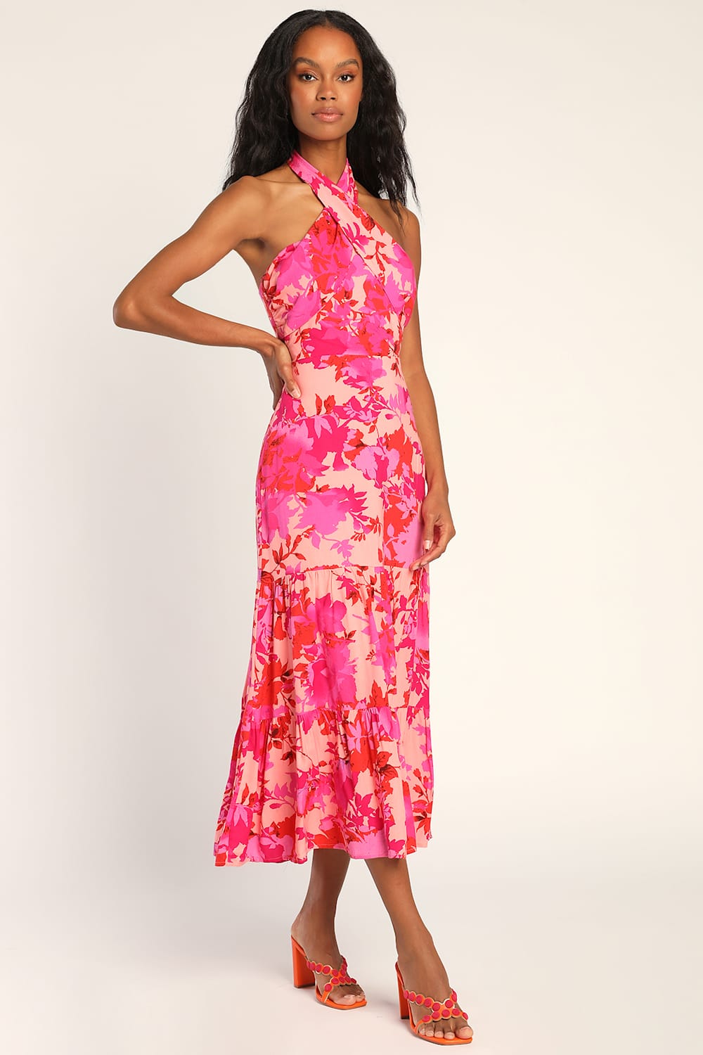Always Eye-Catching Hot Pink Floral Tiered Halter Midi Dress