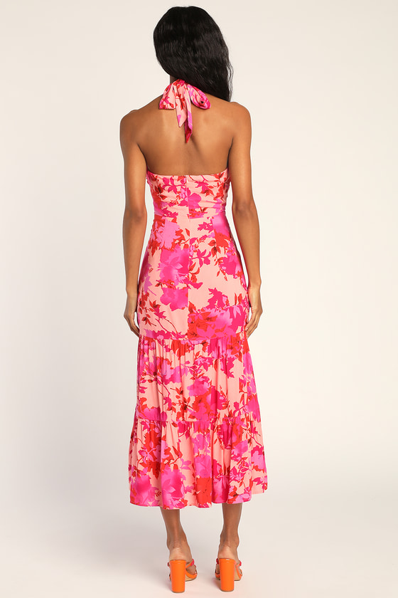 LULUS ALWAYS EYE-CATCHING HOT PINK FLORAL TIERED HALTER MIDI DRESS 